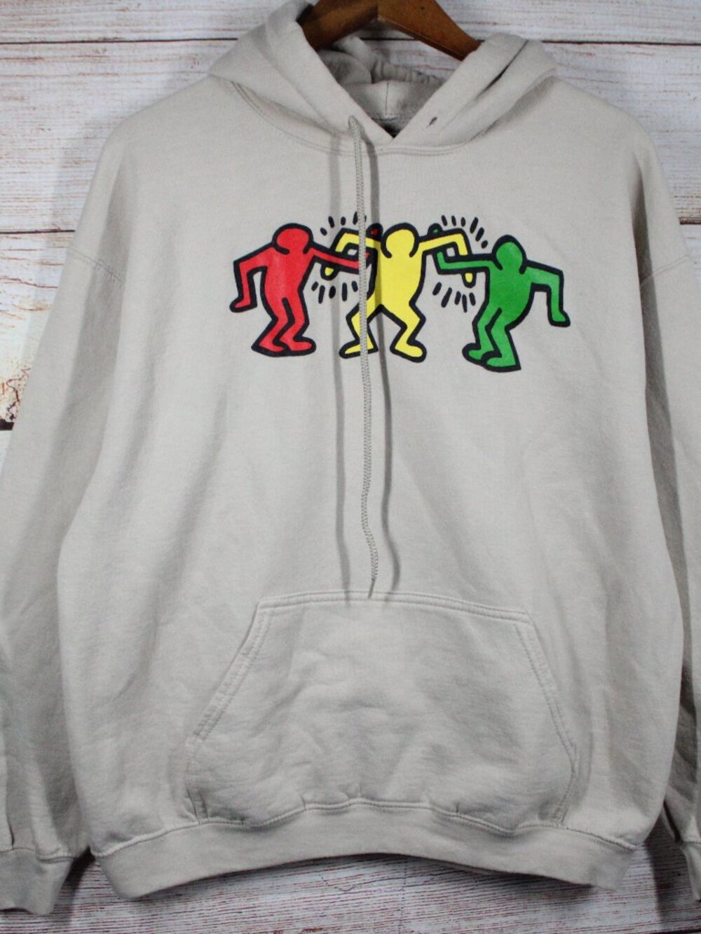 Keith Haring Men's Pullover Hoodie Size L White Dancing Figures Graphic Art